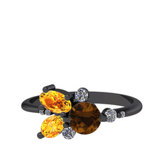 Binx Yüzük - Dumanlı kuvars, sitrin ve beyaz zirkon 925 ayar siyah rodyum kaplama gümüş yüzük #1kg9l30