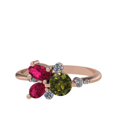 Peridot, rodolit garnet ve swarovski 14 ayar rose altın yüzük