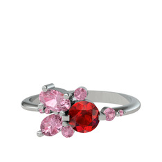 Garnet ve pembe kuvars 18 ayar beyaz altın yüzük