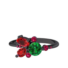 Binx Yüzük - Yeşil kuvars, garnet ve rodolit garnet 925 ayar siyah rodyum kaplama gümüş yüzük #1mg9pb6