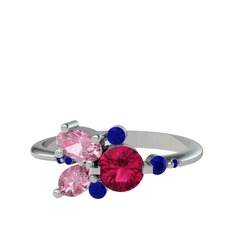 Rodolit garnet, pembe kuvars ve lab safir 14 ayar beyaz altın yüzük