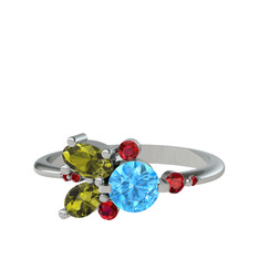 Akuamarin, peridot ve garnet 14 ayar beyaz altın yüzük