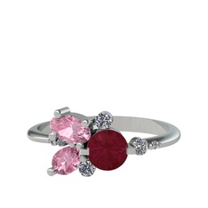 Binx Yüzük - Kök yakut, pembe kuvars ve swarovski 18 ayar beyaz altın yüzük #1omrz9v