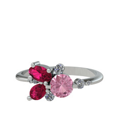 Binx Yüzük - Pembe kuvars, rodolit garnet ve beyaz zirkon 14 ayar beyaz altın yüzük #1pc89cy