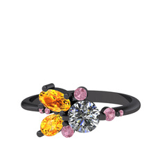Binx Yüzük - Pırlanta, sitrin ve pembe kuvars 925 ayar siyah rodyum kaplama gümüş yüzük (0.5 karat) #1piuo9v