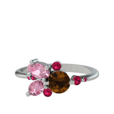 Dumanlı kuvars, pembe kuvars ve rodolit garnet 18 ayar beyaz altın yüzük