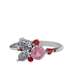 Pembe kuvars, beyaz zirkon ve garnet 18 ayar beyaz altın yüzük