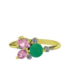 Binx Yüzük - Kök zümrüt, pembe kuvars ve beyaz zirkon 8 ayar altın yüzük #1qia842