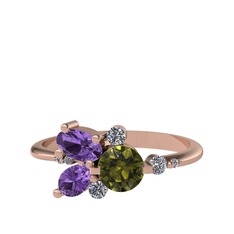 Peridot, ametist ve beyaz zirkon 8 ayar rose altın yüzük