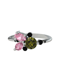 Binx Yüzük - Peridot, pembe kuvars ve siyah zirkon 14 ayar beyaz altın yüzük #1s5x4y6