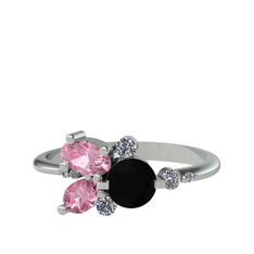 Binx Yüzük - Siyah zirkon, pembe kuvars ve swarovski 14 ayar beyaz altın yüzük #1safn9a