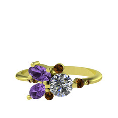 Binx Yüzük - Beyaz zirkon, ametist ve dumanlı kuvars 14 ayar altın yüzük #1sgeju7