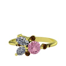 Binx Yüzük - Pembe kuvars, swarovski ve dumanlı kuvars 925 ayar altın kaplama gümüş yüzük #1sqhhnd