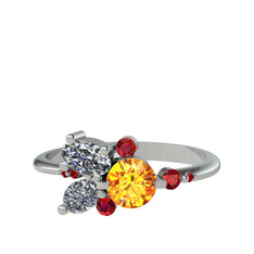 Sitrin, beyaz zirkon ve garnet 18 ayar beyaz altın yüzük