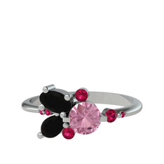 Pembe kuvars, siyah zirkon ve rodolit garnet 8 ayar beyaz altın yüzük