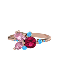 Rodolit garnet, pembe kuvars ve akuamarin 18 ayar rose altın yüzük