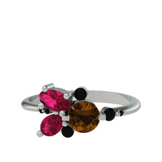 Dumanlı kuvars, rodolit garnet ve siyah zirkon 8 ayar beyaz altın yüzük