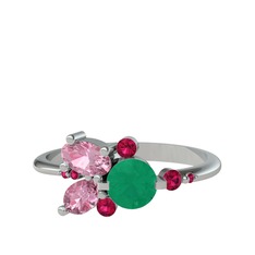 Binx Yüzük - Kök zümrüt, pembe kuvars ve rodolit garnet 14 ayar beyaz altın yüzük #1v7i8l3