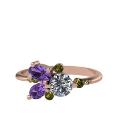 Swarovski, ametist ve peridot 14 ayar rose altın yüzük