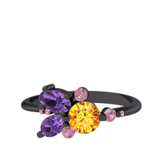 Binx Yüzük - Sitrin, ametist ve pembe kuvars 925 ayar siyah rodyum kaplama gümüş yüzük #1w50br7