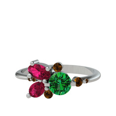 Binx Yüzük - Yeşil kuvars, rodolit garnet ve dumanlı kuvars 14 ayar beyaz altın yüzük #1w8ie1d