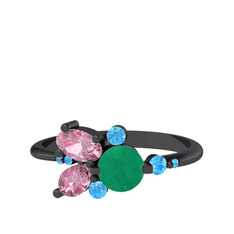 Binx Yüzük - Kök zümrüt, pembe kuvars ve akuamarin 925 ayar siyah rodyum kaplama gümüş yüzük #1wlkn9g