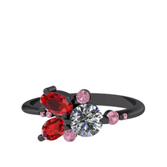 Binx Yüzük - Pırlanta, garnet ve pembe kuvars 925 ayar siyah rodyum kaplama gümüş yüzük (0.5 karat) #1wm377y
