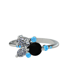 Binx Yüzük - Siyah zirkon, swarovski ve akuamarin 8 ayar beyaz altın yüzük #1wo4d0b