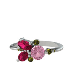 Binx Yüzük - Pembe kuvars, rodolit garnet ve peridot 8 ayar beyaz altın yüzük #1wsgkko
