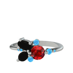 Garnet, siyah zirkon ve akuamarin 925 ayar gümüş yüzük