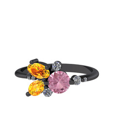 Binx Yüzük - Pembe kuvars, sitrin ve beyaz zirkon 925 ayar siyah rodyum kaplama gümüş yüzük #1x7fxsh