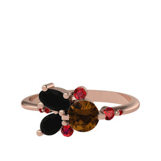 Binx Yüzük - Dumanlı kuvars, siyah zirkon ve garnet 14 ayar rose altın yüzük #1xciuo9
