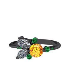 Sitrin, swarovski ve yeşil kuvars 925 ayar siyah rodyum kaplama gümüş yüzük