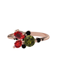 Peridot, garnet ve siyah zirkon 14 ayar rose altın yüzük