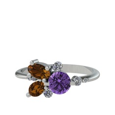 Binx Yüzük - Ametist, dumanlı kuvars ve swarovski 18 ayar beyaz altın yüzük #1yxtsbp