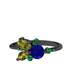 Binx Yüzük - Lab safir, peridot ve yeşil kuvars 925 ayar siyah rodyum kaplama gümüş yüzük #24m2gh