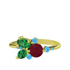 Binx Yüzük - Kök yakut, yeşil kuvars ve akuamarin 18 ayar altın yüzük #2714nk