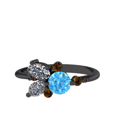 Binx Yüzük - Akuamarin, beyaz zirkon ve dumanlı kuvars 925 ayar siyah rodyum kaplama gümüş yüzük #2oepb4