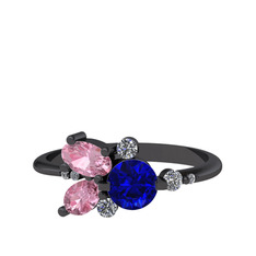 Lab safir, pembe kuvars ve swarovski 925 ayar siyah rodyum kaplama gümüş yüzük