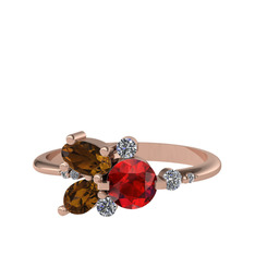Garnet, dumanlı kuvars ve swarovski 14 ayar rose altın yüzük