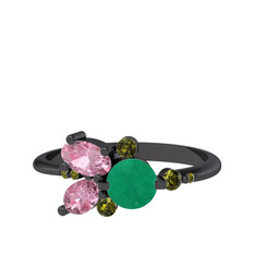 Kök zümrüt, pembe kuvars ve peridot 925 ayar siyah rodyum kaplama gümüş yüzük