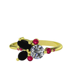 Binx Yüzük - Pırlanta, siyah zirkon ve rodolit garnet 14 ayar altın yüzük (0.5 karat) #4c6prl