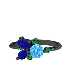 Akuamarin, lab safir ve yeşil kuvars 925 ayar siyah rodyum kaplama gümüş yüzük