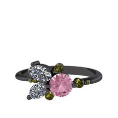 Binx Yüzük - Pembe kuvars, beyaz zirkon ve peridot 925 ayar siyah rodyum kaplama gümüş yüzük #5ez1l6