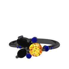 Binx Yüzük - Sitrin, siyah zirkon ve lab safir 925 ayar siyah rodyum kaplama gümüş yüzük #5g4404