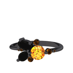 Binx Yüzük - Sitrin, siyah zirkon ve dumanlı kuvars 925 ayar siyah rodyum kaplama gümüş yüzük #5rvzod