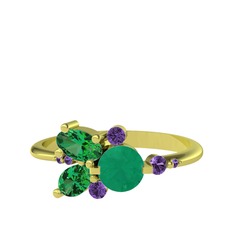 Binx Yüzük - Kök zümrüt, yeşil kuvars ve ametist 14 ayar altın yüzük #5ze1z6