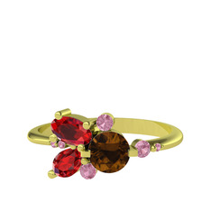 Dumanlı kuvars, garnet ve pembe kuvars 18 ayar altın yüzük