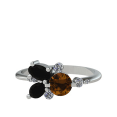 Binx Yüzük - Dumanlı kuvars, siyah zirkon ve swarovski 14 ayar beyaz altın yüzük #64dzev