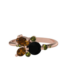 Siyah zirkon, dumanlı kuvars ve peridot 8 ayar rose altın yüzük